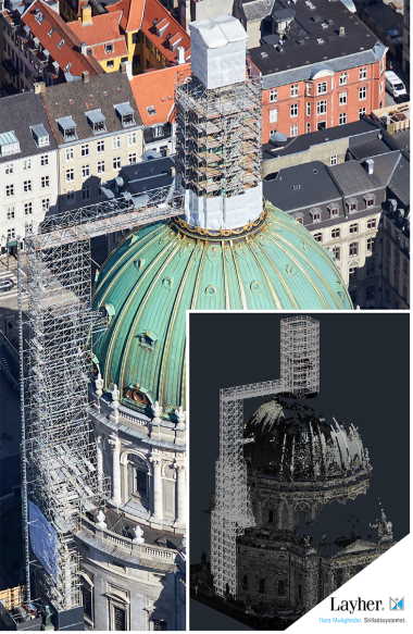 Layher – verdens største stilladsproducent - har anvendt data fra en Point Cloud-scanning til at 3D designe det 76 meter høje stillads ved Marmorkirken i København.