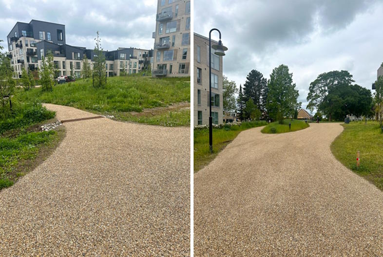 Stier i nyt boligområde i Hørsholm. Stierne er etableret med asfaltbærelag og overfladebelægning med DOB's plantebaserede bindemiddel Vegecol
