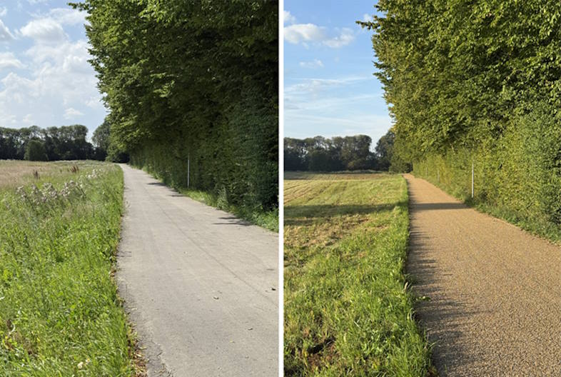 Nyetableret asfaltsti på Vestfyn før og efter overfladebelægning fra DOB med majssten