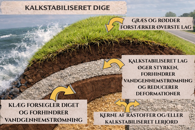 Kalkstabilisering muliggør smallere diger i kysttætte områder