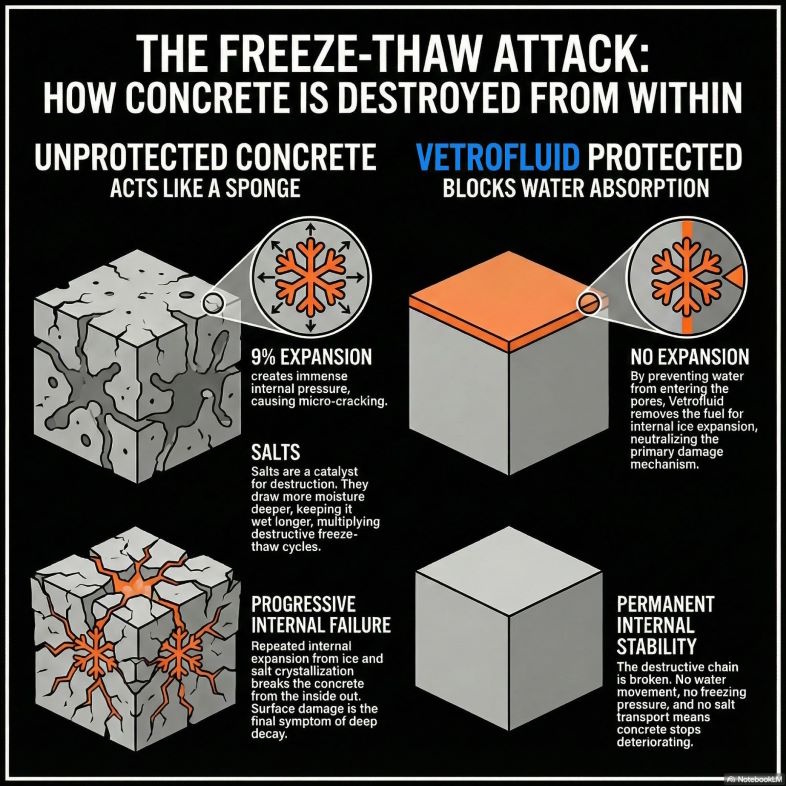 Vetrofluid trænger aktivt ind i betonen til en dybde på op til 40 mm