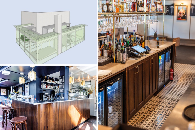 Øverst tv: Skitse til Restaurant Figaro i Tivoli, København    Nederst tv: Endelig resultat Restaurant Figaro i Tivoli, København    Foto th: Rox Resort, Køge