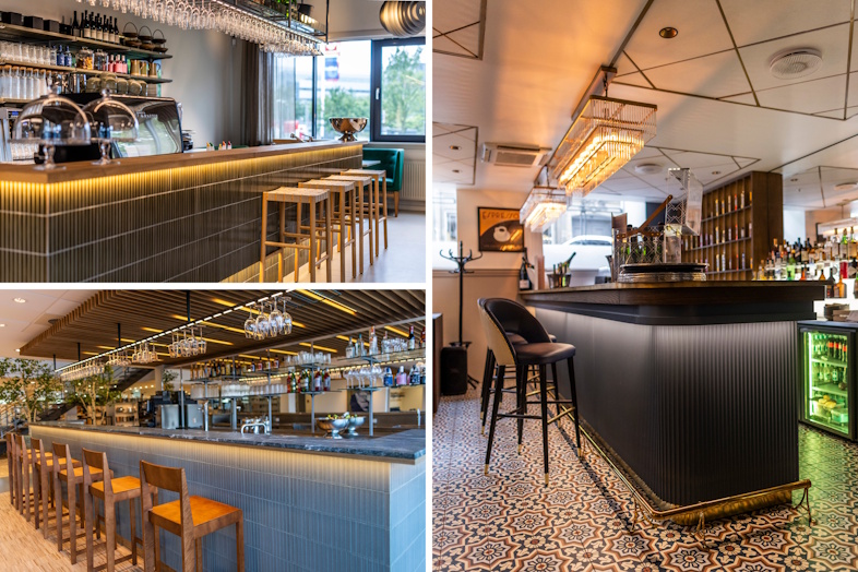 Foto øverst tv: Baren i showroomet hos BENT BRANDT, København    Foto nederst tv: Baren i showroomet hos BENT BRANDT, Aarhus  Foto th: Baren hos Hotel Phoenix Copenhagen