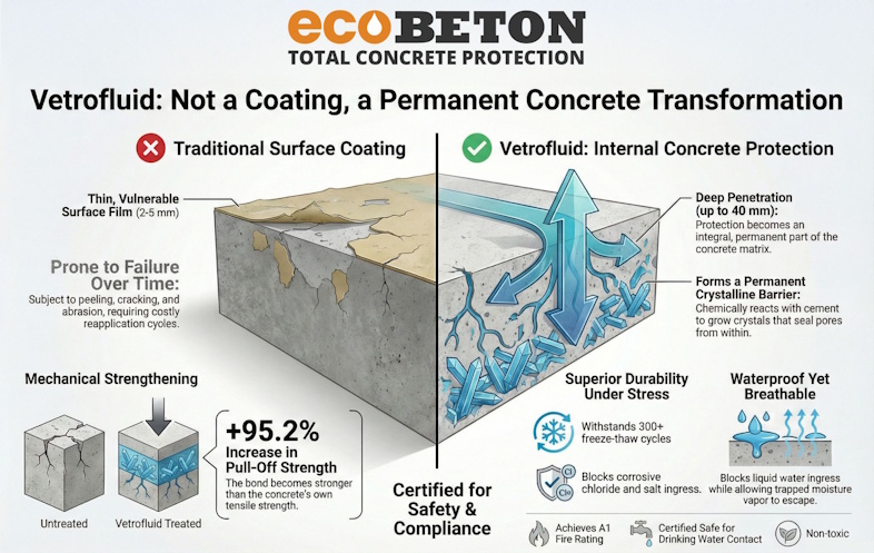 Da beskyttelsen bliver en integreret del af betonens struktur, undgår man samtidig nogle af de udfordringer, der kan opstå med traditionelle coatings