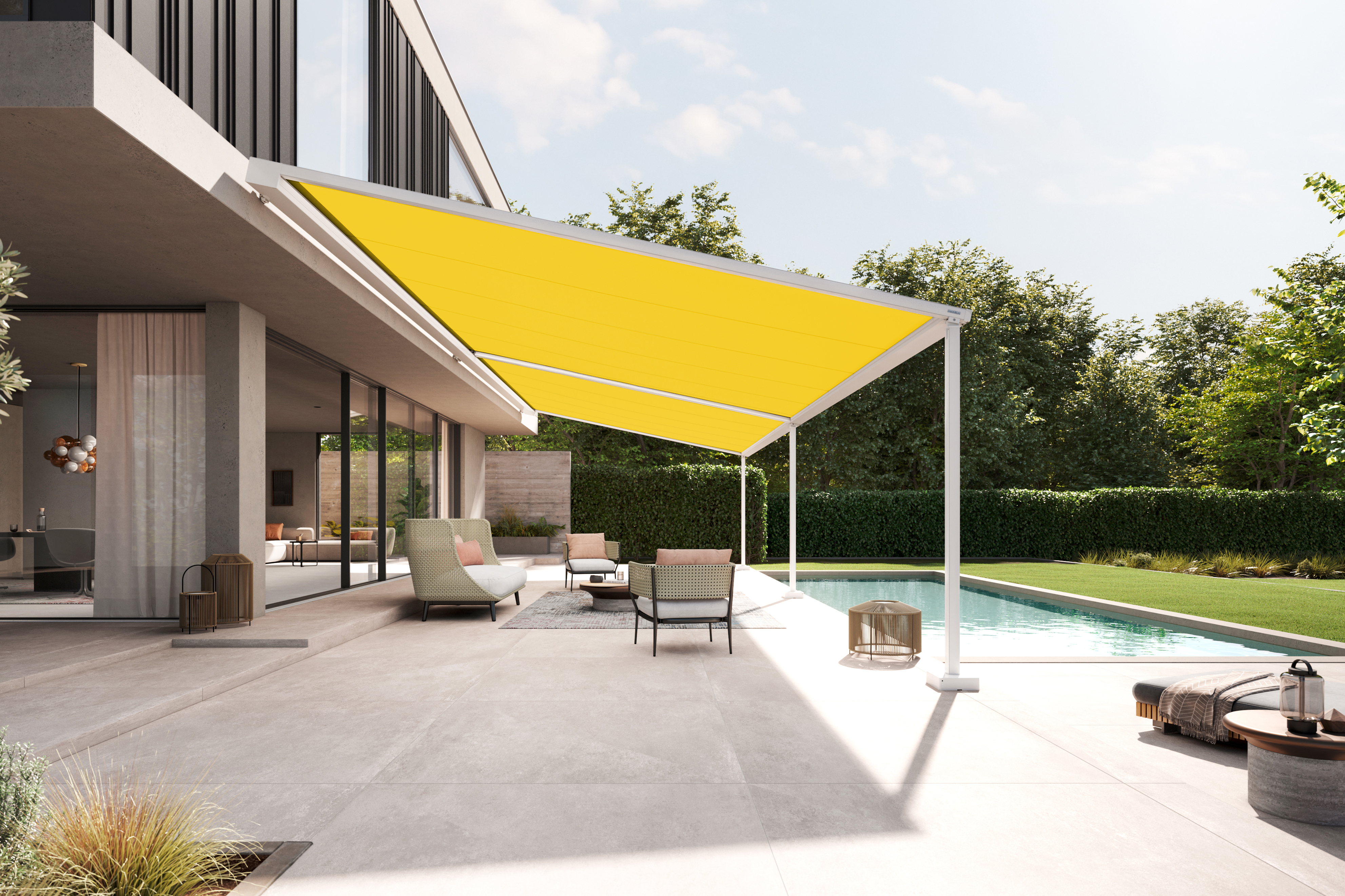 Pergolamarkise fortryller terrasser med let look og kulørt lysspil